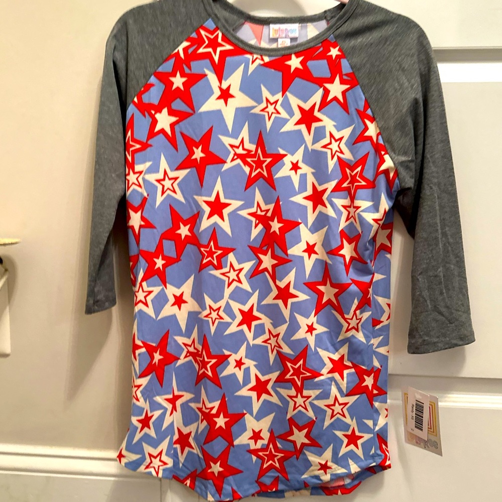 New with tags, Lularoe Randy Baseball tee 3/4 sleeve top Patriotic stars, XS